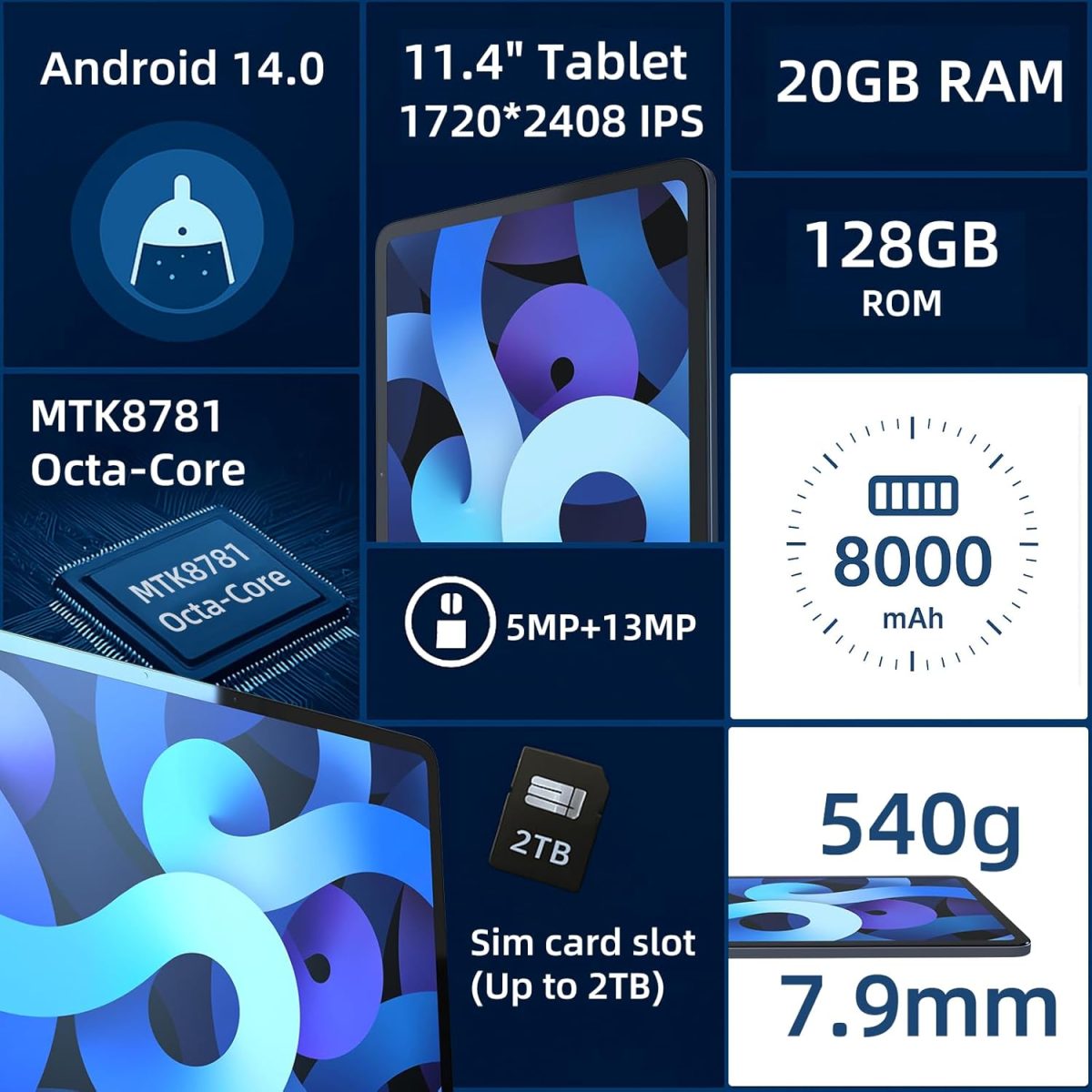 11 inch Tablet, Android 14 Tablet, Android Tablets with Case,Octa-core MTK8781 Processor 20GB (8+12)+128GB 2.4K HD Touchscreen, Wi-Fi 6, BT 5.2, GPS, G-Sensor Dual Camera, Google Tablets for Adults - Image 4