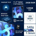 11 inch Tablet, Android 14 Tablet, Android Tablets with Case,Octa-core MTK8781 Processor 20GB (8+12)+128GB 2.4K HD Touchscreen, Wi-Fi 6, BT 5.2, GPS, G-Sensor Dual Camera, Google Tablets for Adults - Image 4