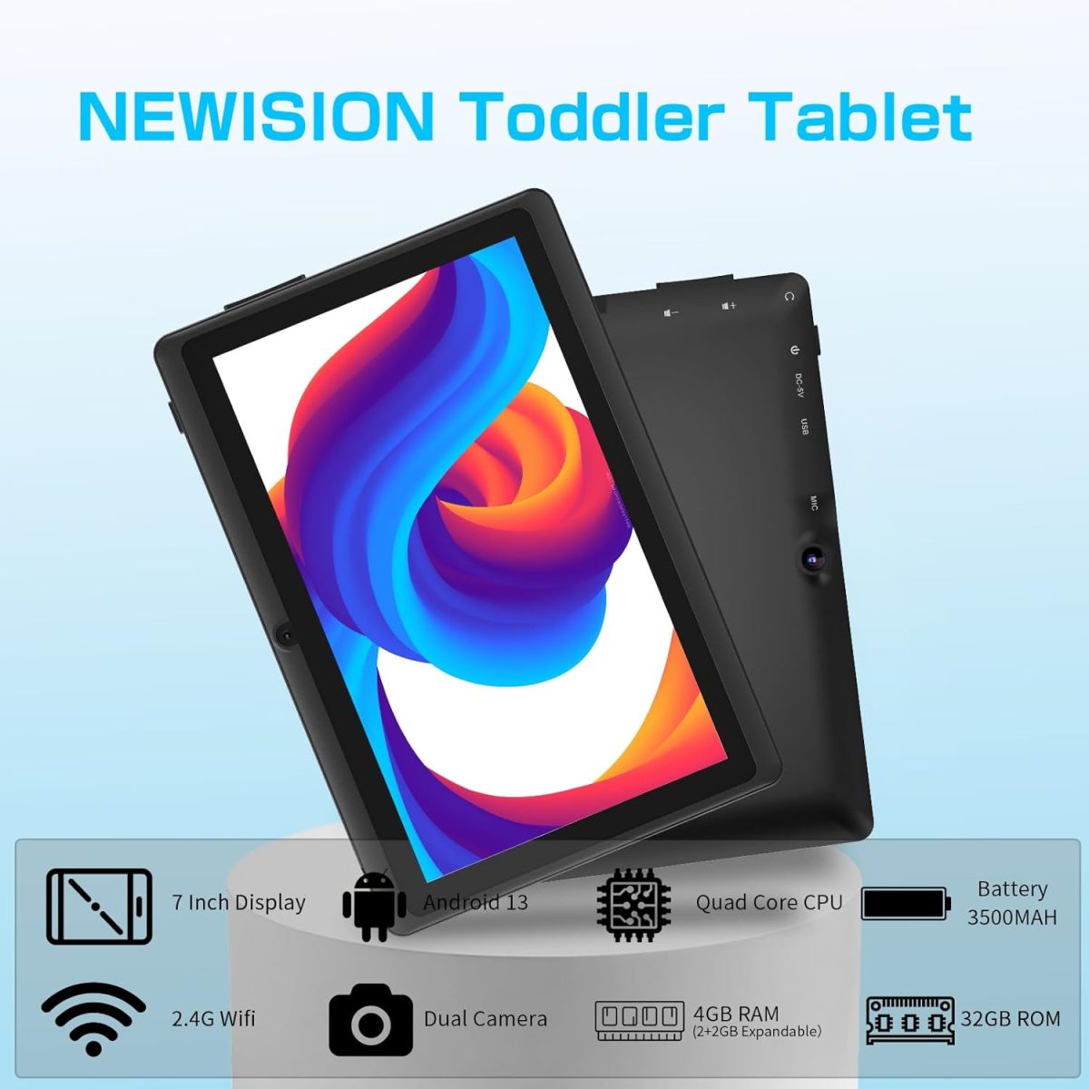 NEWISION 7" Tablet with Case, Quad Core Android 13 Tablets, 4GB RAM 32GB ROM 512GB Expand, WiFi 6, Bluetooth, 1024x600 HD IPS Screen, 3500mAh, Dual Camera, USB C Tablet PC (Blue) - Image 3