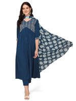 FIORRA Women's Teal Blue Poly Crepe Straight Kurta with Pant and Dupatta SET0059 - Image 4