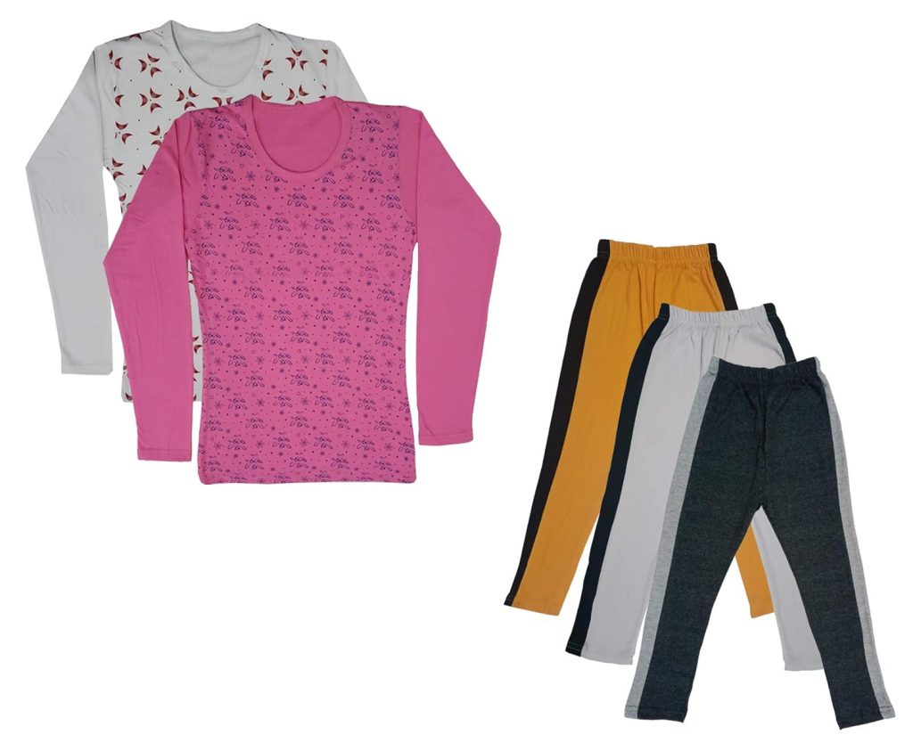 IndiWeaves Girls Cotton Full Sleeve Printed T-Shirts and Cotton Capri 3/4 Pants (Mustard,White,Dark Grey,White,Pink,6-7 Years) Pack of 5