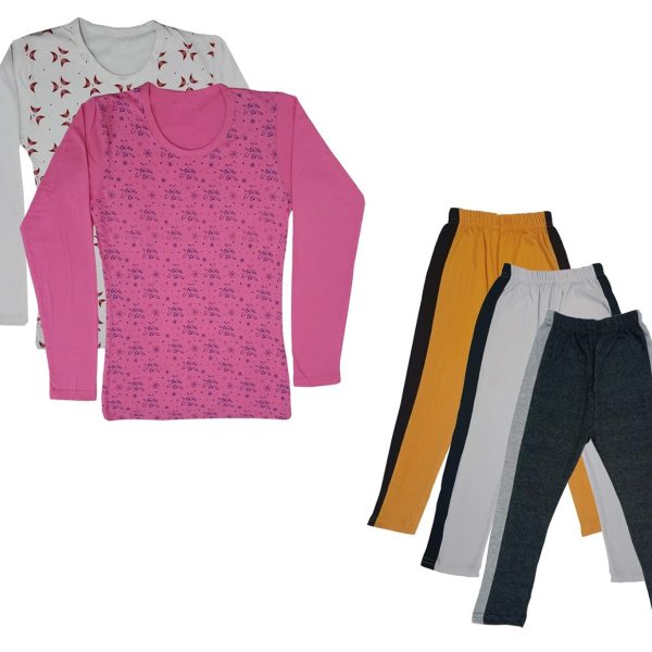 IndiWeaves Girls Cotton Full Sleeve Printed T-Shirts and Cotton Capri 3/4 Pants (Mustard,White,Dark Grey,White,Pink,6-7 Years) Pack of 5