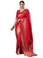AKHILAM Women's Banarasi Silk Blend Ethnic Motif Zari Work Saree With Unstitched Blouse Piece