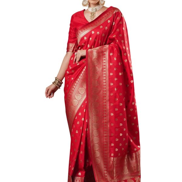 AKHILAM Women's Banarasi Silk Blend Ethnic Motif Zari Work Saree With Unstitched Blouse Piece