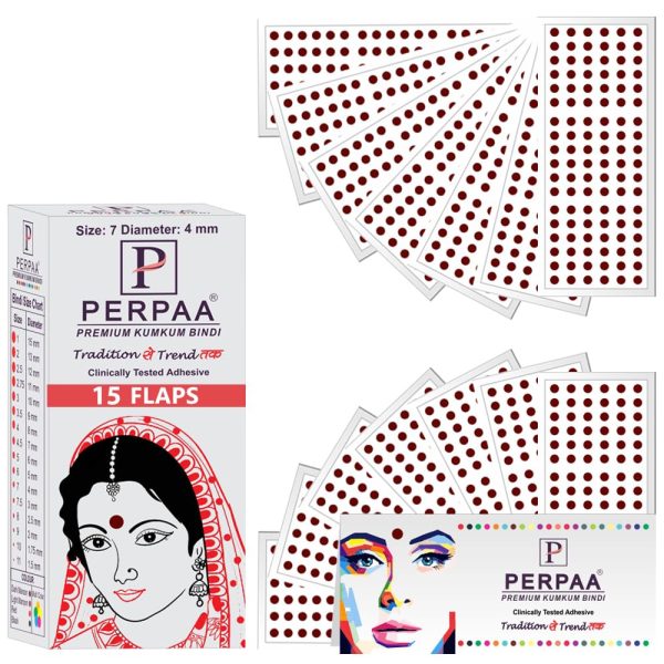 PERPAA Kumkum Velvet Round Bindi Box of 15 Flaps for Ladies Women Forehead Bindi (Stick On) (Size 7, Diameter 4mm, Dark Maroon)
