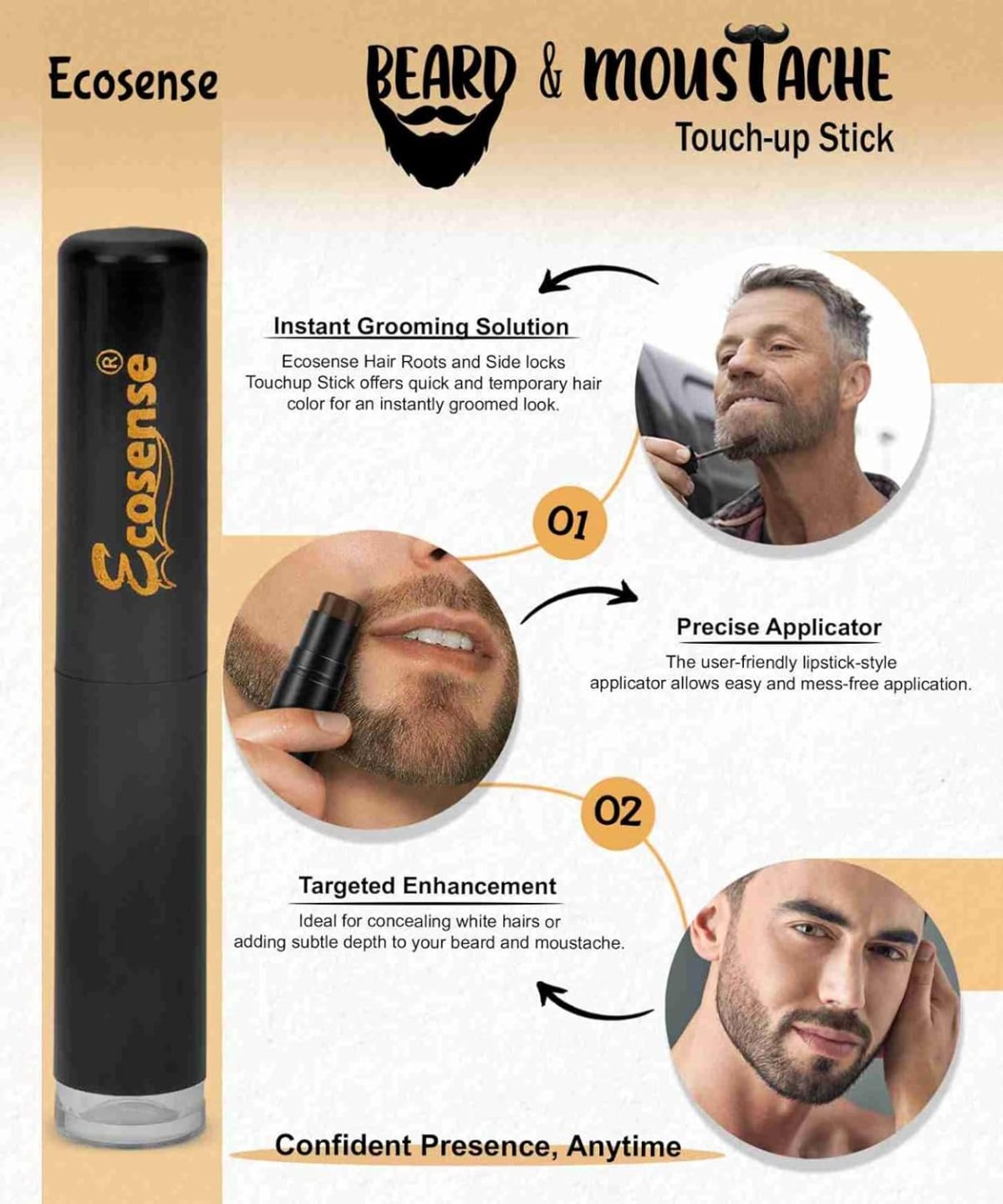 ECOSENSE Beard & Moustache Touchup Stick: Instant Temporary Beard Perfection | Black Color Pencil For Men, Beard Pen, Beard Dye for Long Lasting Coverage, Mustache 3 gm - Image 5