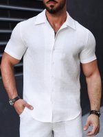 Men's Short Sleeve Button Down Shirt, Textured Geometric Pattern, White, Slim Fit - Image 2