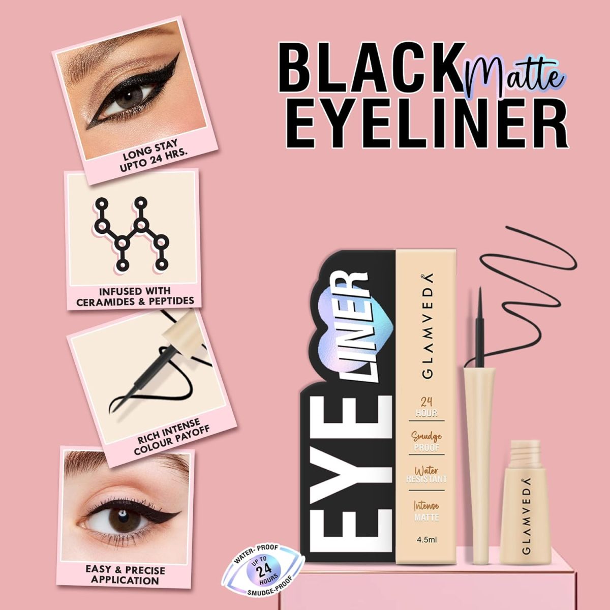 Glamveda Eyeliner & Pencil Kajal Combo Pack | Bold Eye Looks | Smudge-Proof, Long-Lasting | Smoky Liner & Smoky Kajal | Essential Eye Kit | Black, Matte Finish for Women - Image 4