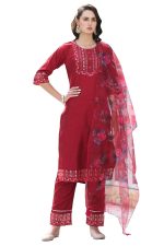 VredeVogel Women's Cotton Silk Embroidered Kurta with Pant & Organza Dupatta Set