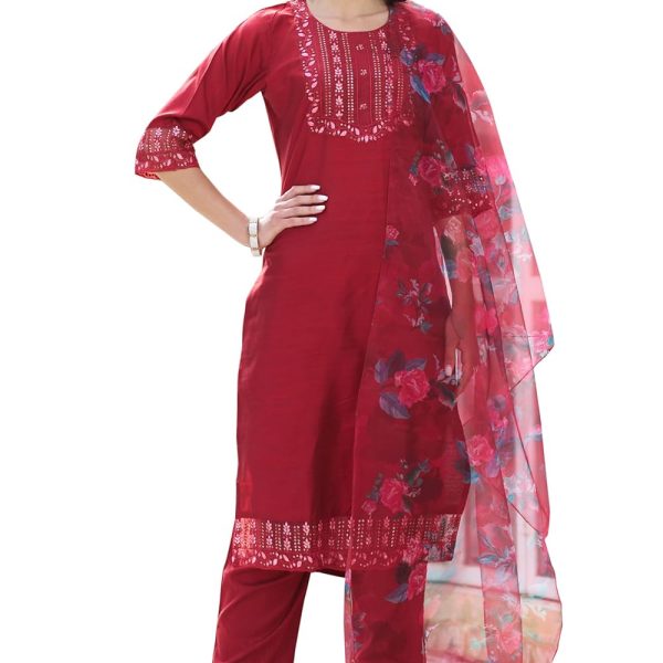 VredeVogel Women's Cotton Silk Embroidered Kurta with Pant & Organza Dupatta Set