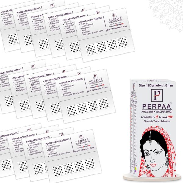 PERPAA Kumkum Velvet Round Bindi Box of 15 Flaps for Ladies Women Forehead Bindi (Stick On) (Size 11, Diameter 1.5mm, Black)