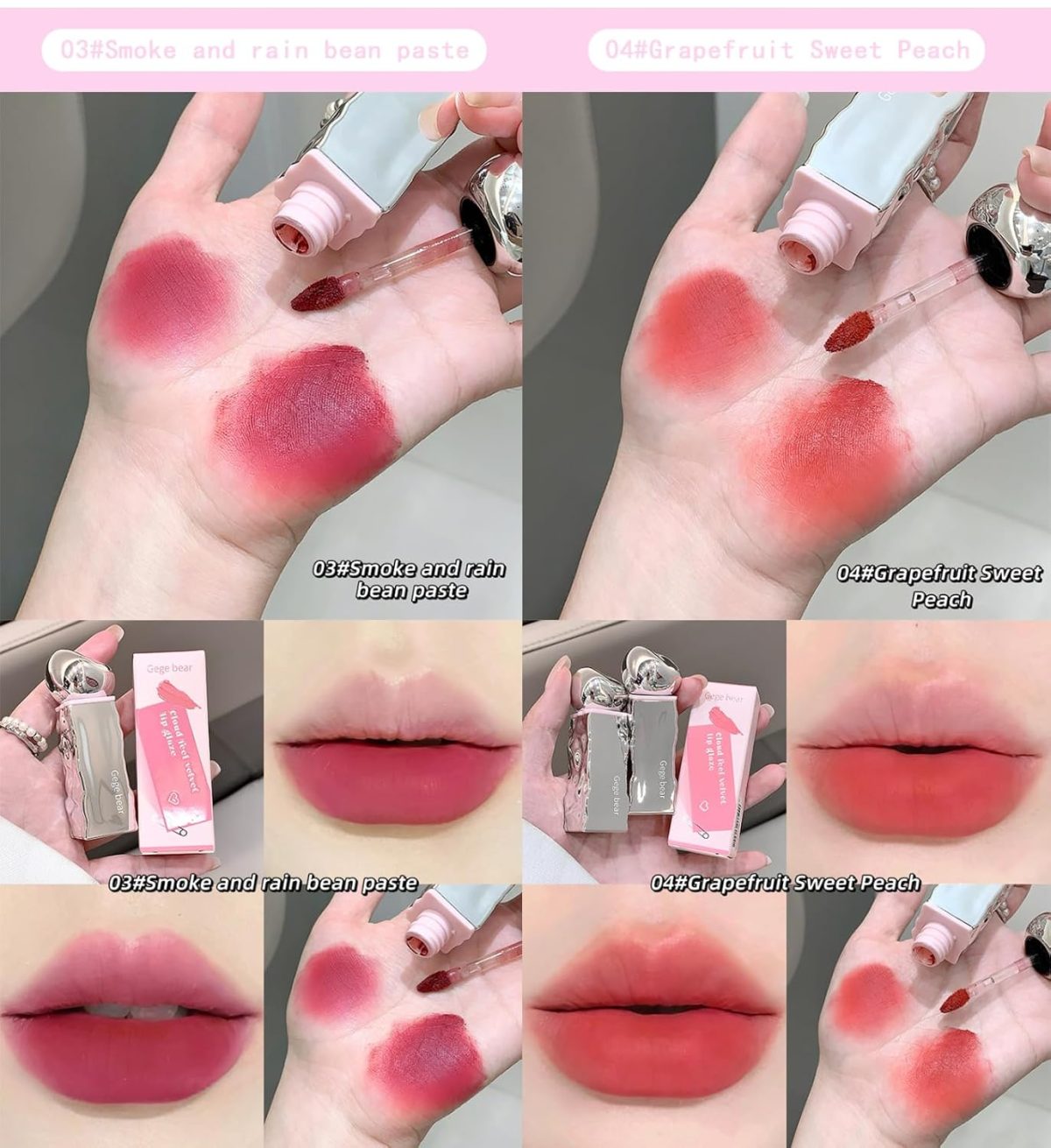 Gege Bear Velvet Matte Lip Glaze | For Soft, Cloud-Like Finish | Lightweight Liquid Lipstick | Smudge Proof Non Transfer Mini Mousse | Moisturizing & Long-Lasting Waterproof | Nude Pink Red Brown peach Wine Beauty Natural Color | Non-Sticky Lips Glaze for Women (03# Smoke and Rain Bean Paste, 2.5g) - Image 3