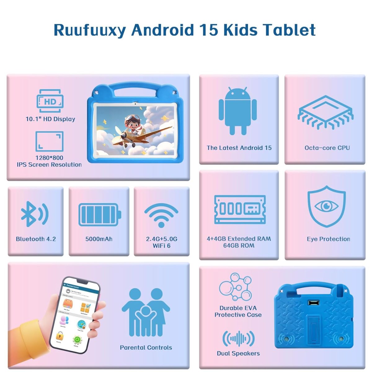 Ruufuuxy 10.1" Kids Tablet, Android Tablet for Kids, Android 15, 1280 x 800 Display, Octa-Core CPU, 8GB+64GB, 1TB Expandable via Micro SD, WiFi 6 (2.4G+5G), Controller - Image 3