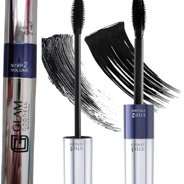 Glam Goddess Mascara Black Volume and Length, 2 in 1 4D Silk Fiber Mascara Waterproof 5X Longer Voluminous Curling, Smudge Proof Long Lasting Full and Soft Lash Extensions Mascaras Vegan for Women Makeup