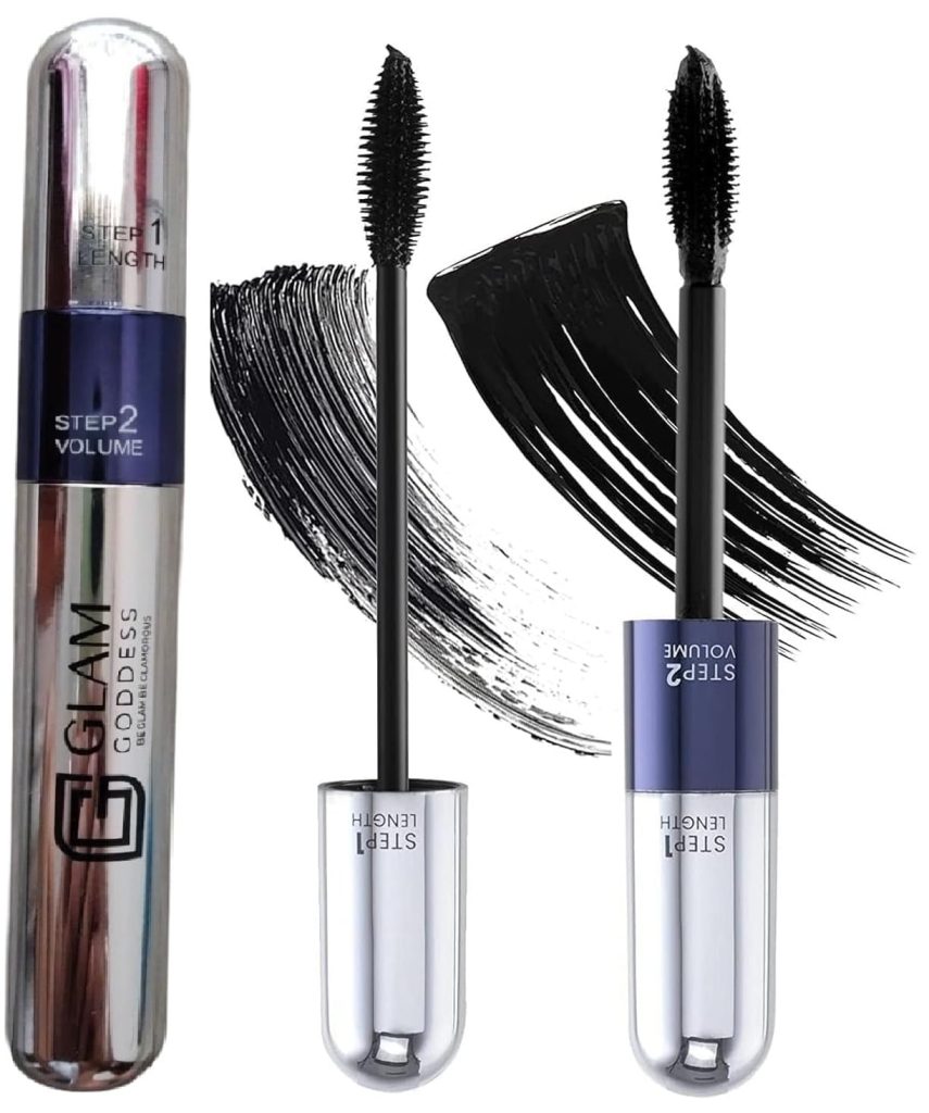 Glam Goddess Mascara Black Volume and Length, 2 in 1 4D Silk Fiber Mascara Waterproof 5X Longer Voluminous Curling, Smudge Proof Long Lasting Full and Soft Lash Extensions Mascaras Vegan for Women Makeup