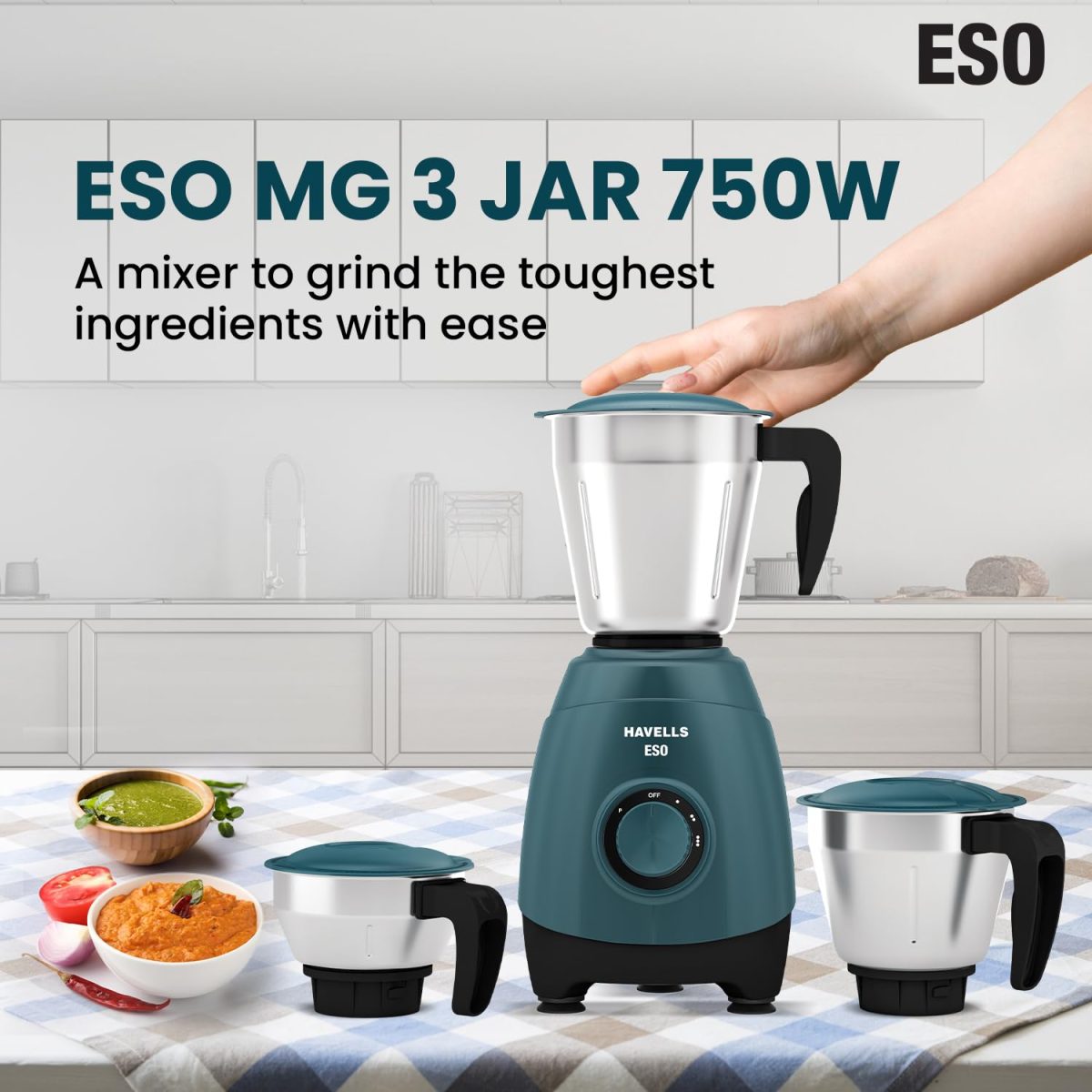 Havells ESO 750 Watt Mixer Grinder | 3 Stainless Steel Jars with Handles | 304 Rust-Resistant SS Blades | 21000 RPM High-Speed Motor | 5-Year Motor Warranty | Heavy-Duty Mixie (Teal) - Image 6