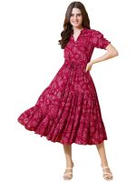 flowervelly Dress for Women Printed Midi Dress with V-Neck, Puffed Sleeves