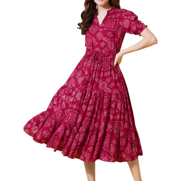 flowervelly Dress for Women Printed Midi Dress with V-Neck, Puffed Sleeves