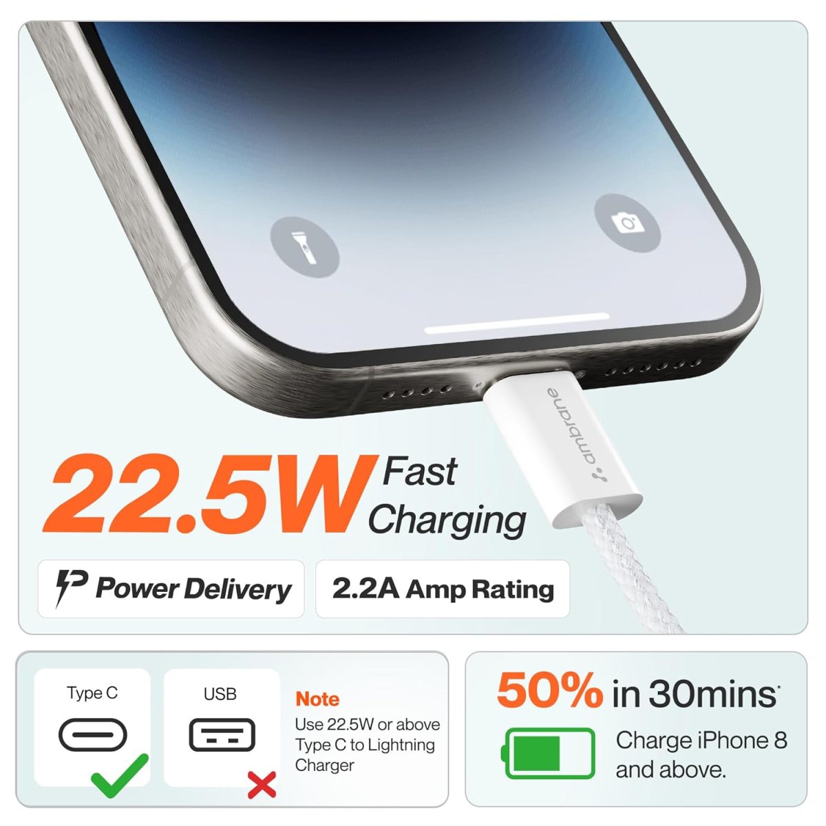 Ambrane Type-C to Lightning Cable, 22.5W Fast Charging Cable Compatible with iPhone 14, 13, 12,11, X, 8, 7, 6, 5, Pro,Max, iPad, Macbook, iMac, AirPods, Supports CarPlay, 1.2m (ABTL-Q12, White) - Image 2