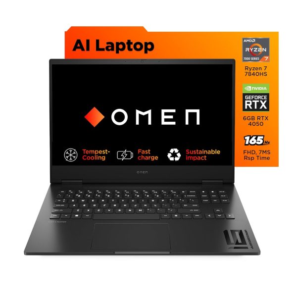 HP OMEN Gaming AI Laptop, AMD Ryzen7 7840HS, 6GB NVIDIA RTX4050, 16GB DDR5, 1TB SSD, (Win 11, Office 21, Black, 2.32kg), 165Hz, 7MS, IPS, 16.1inch(40.9cm), Flicker-Free, Tempest Cooling, xd0005AX
