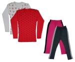 IndiWeaves Girls Cotton Full Sleeve Printed T-Shirts and Cotton Capri 3/4 Pants (Magenta,Dark Grey,White,Red,6-7 Years) Pack of 4
