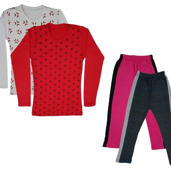 IndiWeaves Girls Cotton Full Sleeve Printed T-Shirts and Cotton Capri 3/4 Pants (Magenta,Dark Grey,White,Red,6-7 Years) Pack of 4