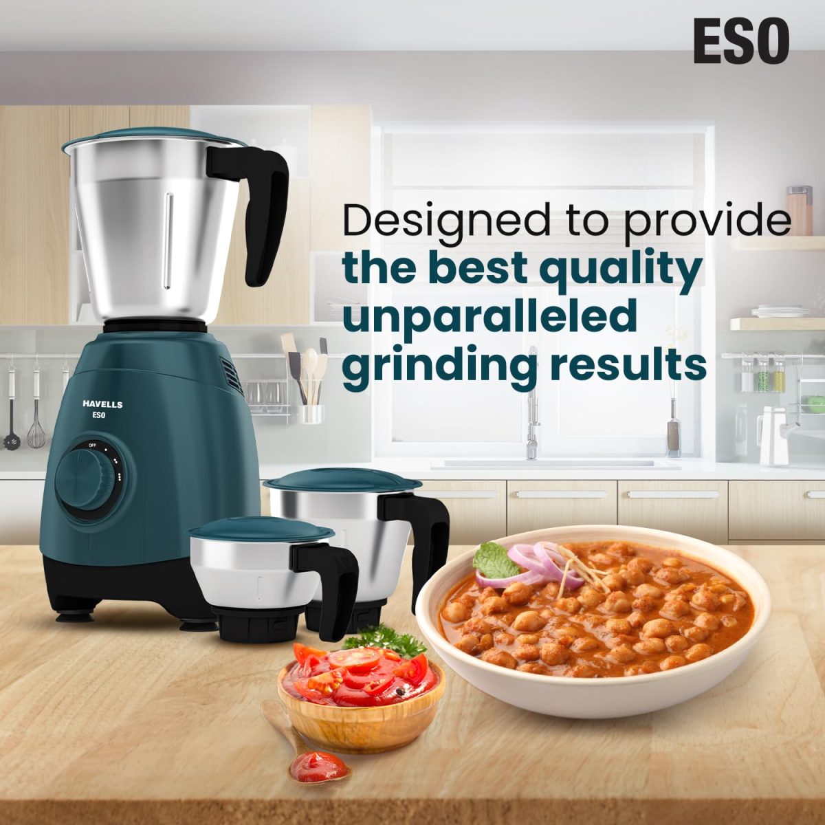 Havells ESO 750 Watt Mixer Grinder | 3 Stainless Steel Jars with Handles | 304 Rust-Resistant SS Blades | 21000 RPM High-Speed Motor | 5-Year Motor Warranty | Heavy-Duty Mixie (Teal) - Image 5