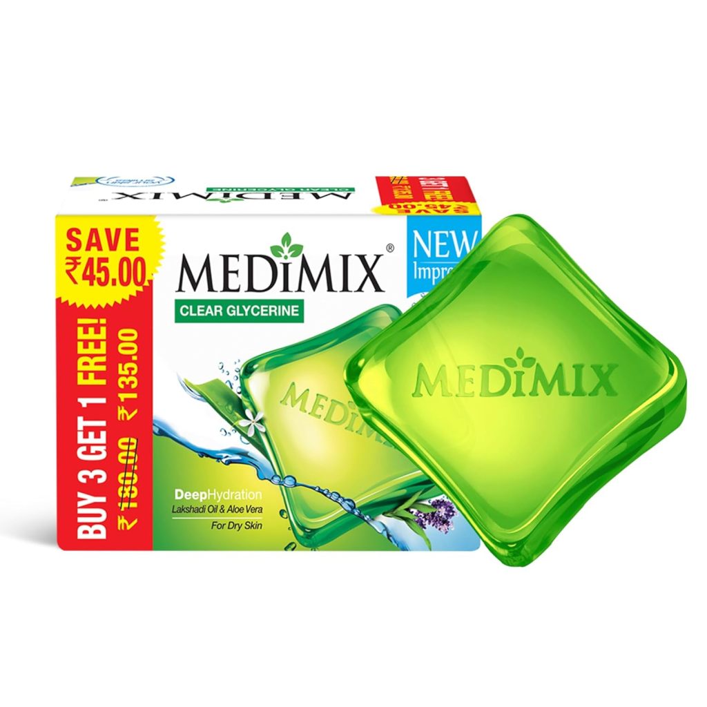 Medimix Clear Glycerine Bathing Bar Soap for Dry Skin 100g (Pack of 4) | Infused with Lakshadi Oil & Aloe Vera | Effective for Dry Skin