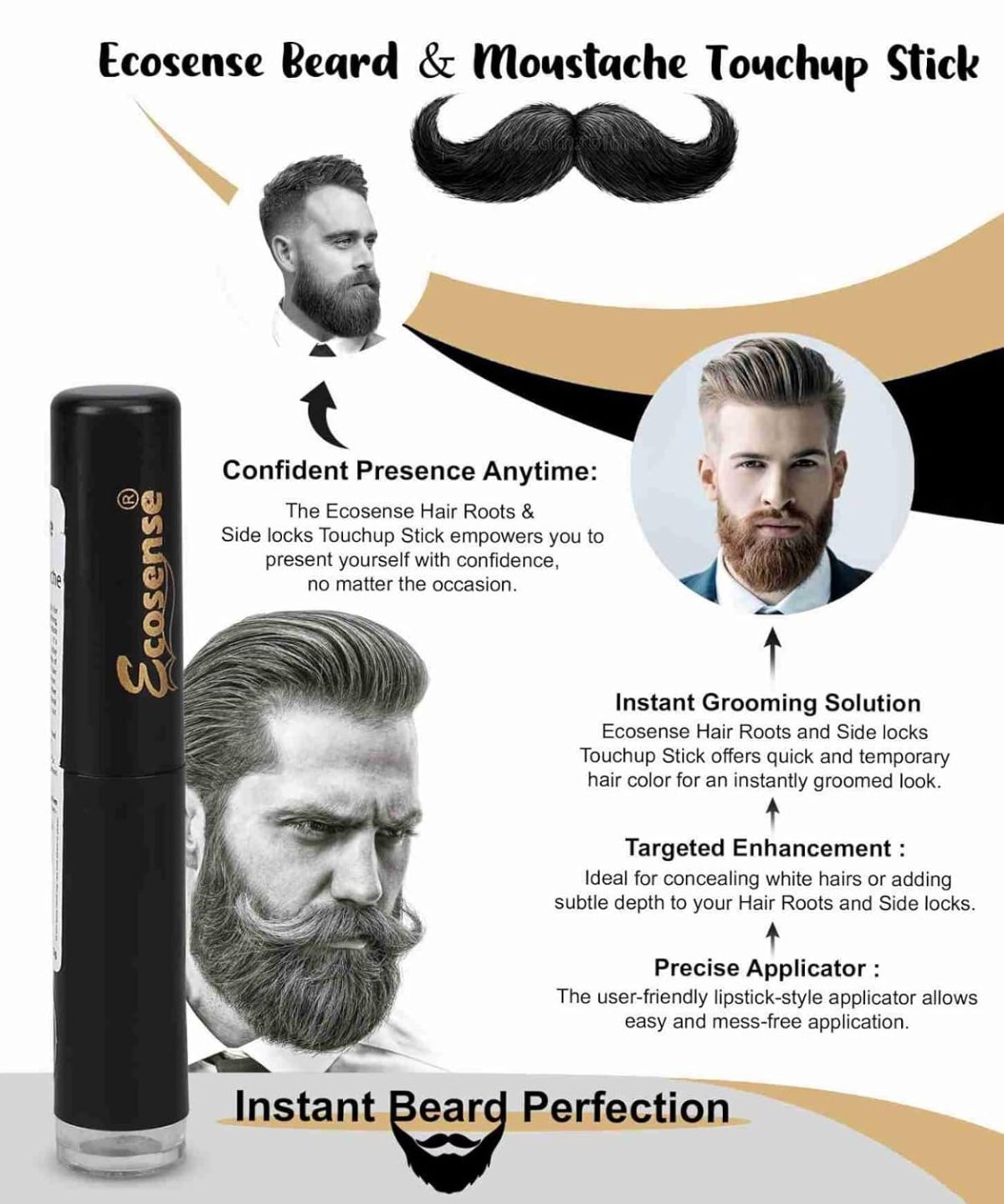 ECOSENSE Beard & Moustache Touchup Stick: Instant Temporary Beard Perfection | Black Color Pencil For Men, Beard Pen, Beard Dye for Long Lasting Coverage, Mustache 3 gm - Image 4
