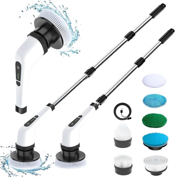 9-in-1 Cordless Electric Spin Scrubber for Bathroom & Home | 7+ Brush Heads, Adjustable Speeds, LED Display, Long Handle | Powerful 350RPM Cleaning Brush for Floor, Tub, Tile, Car (9 in 1 Scrubber)