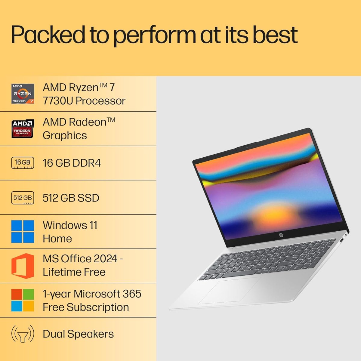 HP 15, AMD Ryzen 7 7730U Laptop (16GB DDR4,512GB SSD) Anti-Glare, Micro-Edge,15.6''/39.6cm, FHD, Win11, M365 Basic(1yr),Office Home24,Silver,1.59kg,FHD Camera w/Privacy Shutter, Backlit, fc0390AU - Image 3
