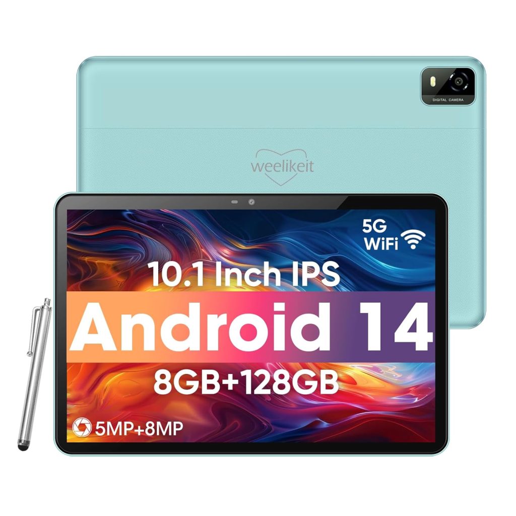 weelikeit Android Tablet, 10.1 Inch Tablet with 1280 x 800 IPS HD Touchscreen, 8GB RAM + 128GB ROM (up to 1TB), 6000mAh Battery, Wi-Fi 5G, Bluetooth 5.0, Dual Camera