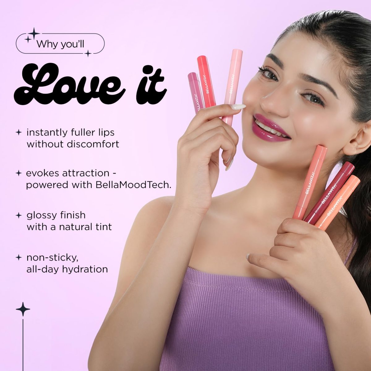 BELLAVITA All Hearts Lip Plumper | Hydrating Plumping Gloss | Natural Tint & Shine | BellaMood Tech | Paraben Free Lip Gloss | Love Struck | 1.2g - Image 3