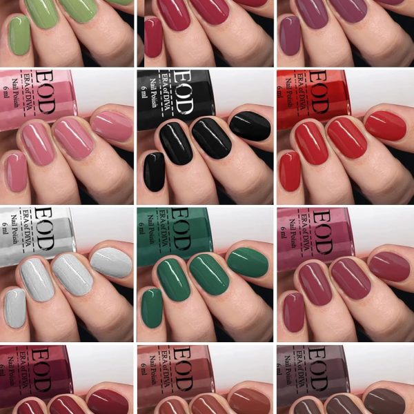 Eod 6Ml Each Glossy Finish Shine Long Lasting Nail Polish Paint Set Of 12 Bottles Tomato Red::Black::Extra Shine Top Coat::Baby Pink::Old Brick::Pink Peach::Nude::Dark Nude(Pack Of 12)