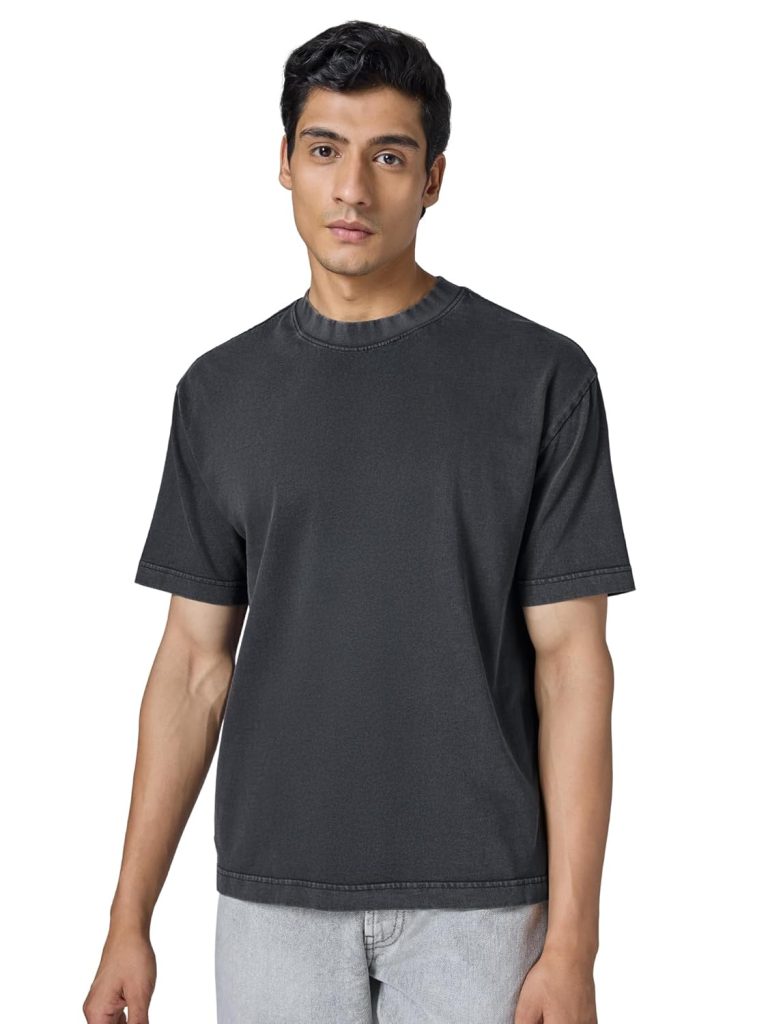 XYXX Haze Solid Acid Wash Cotton Tshirt for Men | Relaxed Fit Round Neck Tshirt