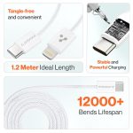 Ambrane Type-C to Lightning Cable, 22.5W Fast Charging Cable Compatible with iPhone 14, 13, 12,11, X, 8, 7, 6, 5, Pro,Max, iPad, Macbook, iMac, AirPods, Supports CarPlay, 1.2m (ABTL-Q12, White) - Image 4