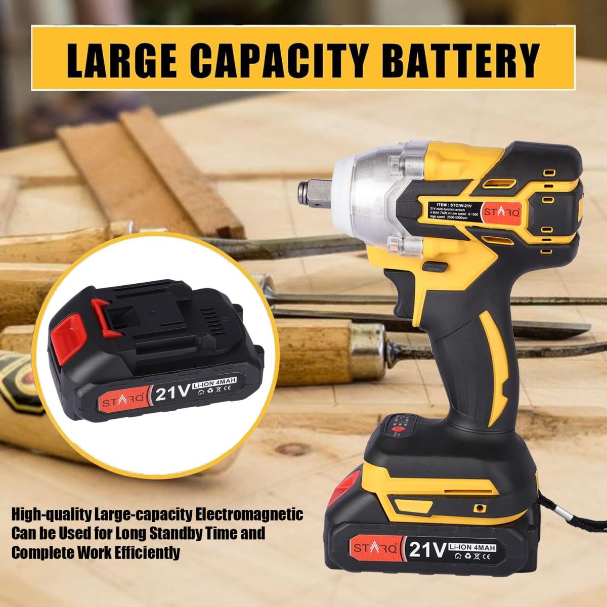 STARQ Heavy Duty 21V Cordless Impact Wrench with 2 Batteries | 2 Variable Speed | Build-In LED Lights | Forward & ReverseSwitch | Yellow - Image 5
