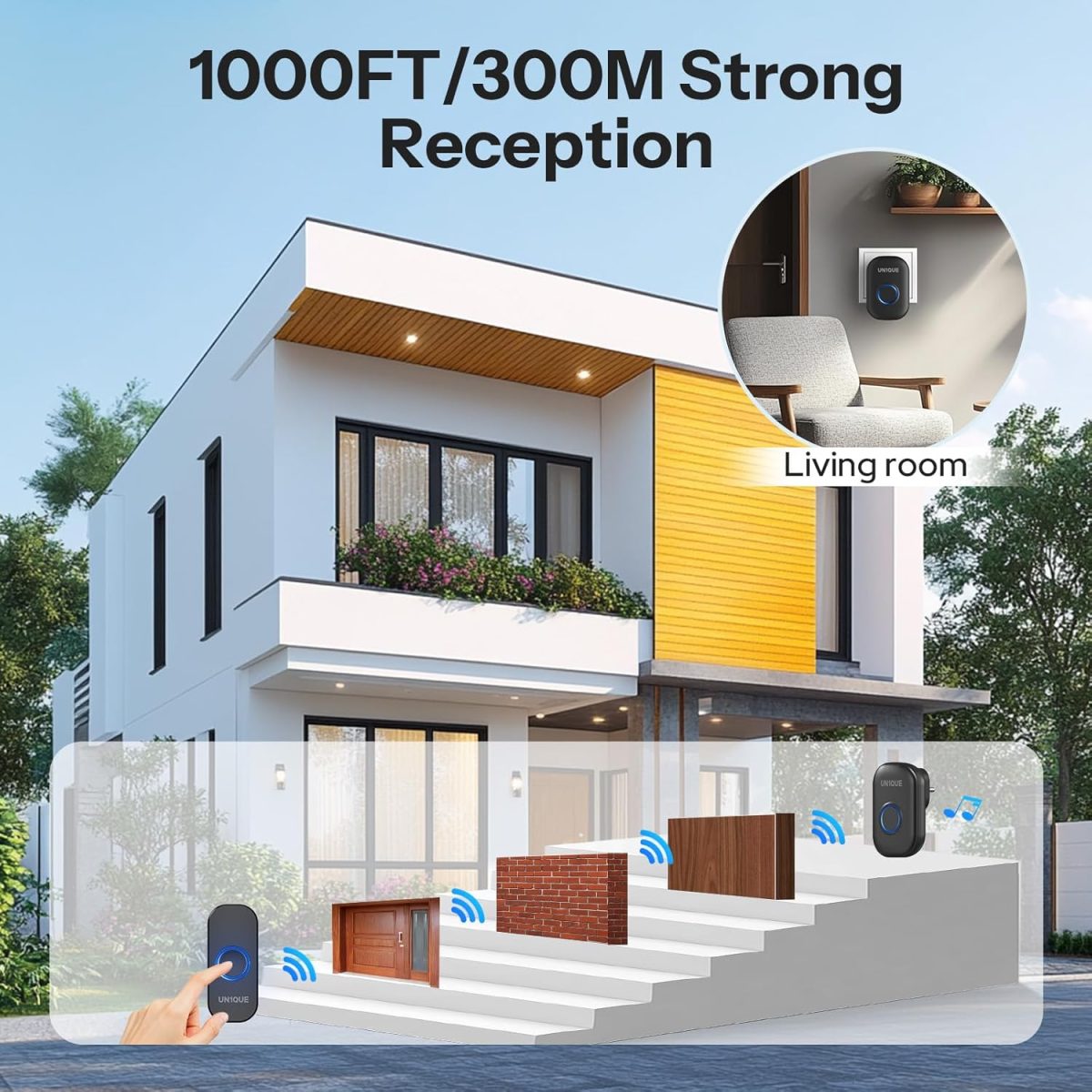 UN1QUE Wireless Door Bell for Home - Small Calling Bell for Office, 1000ft Long Range with 32 Chimes, 100dB Louder Volume, 4 Level Volume, LED Light (U600) (Black 1 Receiver +1 Portable Push Button) - Image 3