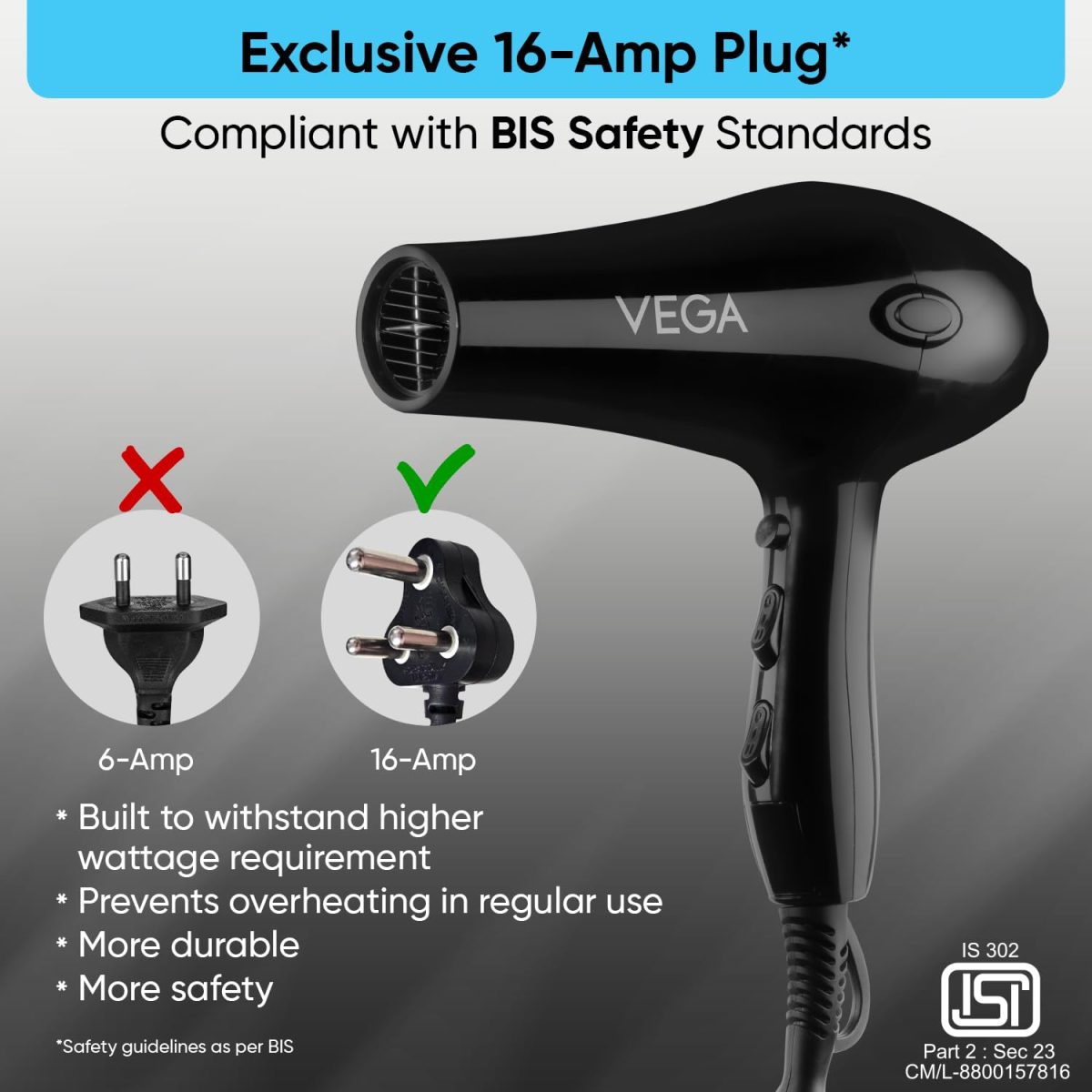 Vega VHDP-02 Professional Hair Dryer For Women & Men- (Pro Touch 1800-2000W) Cool Shot Button, 2 Heat/2 Speed Settings & 2 Detachable Nozzles|Black|2000 Watt - Image 7