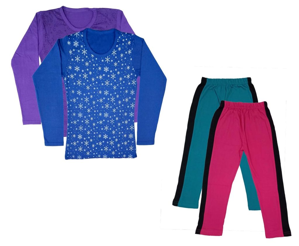 IndiWeaves Girls Cotton Full Sleeve Printed T-Shirts and Cotton Capri 3/4 Pants (Green,Magenta,Purple,Blue,15-16 Years) Pack of 4