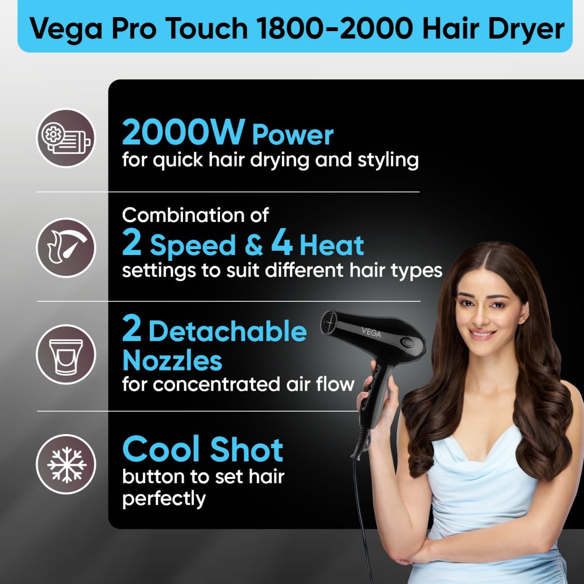 Vega VHDP-02 Professional Hair Dryer For Women & Men- (Pro Touch 1800-2000W) Cool Shot Button, 2 Heat/2 Speed Settings & 2 Detachable Nozzles|Black|2000 Watt - Image 6