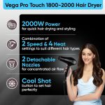 Vega VHDP-02 Professional Hair Dryer For Women & Men- (Pro Touch 1800-2000W) Cool Shot Button, 2 Heat/2 Speed Settings & 2 Detachable Nozzles|Black|2000 Watt - Image 6