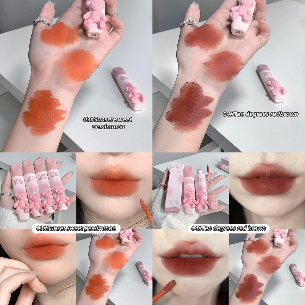 Gege Bear Tender Lip Glaze | Cute Lipstick Combo Set for Women with Glossy Finish | Pink, Brown & Nude Shades Waterproof Long Lasting | Liquid Lipgloss with Teddy Bear Case (05# Hoshino Riku, 2.5g) - Image 4