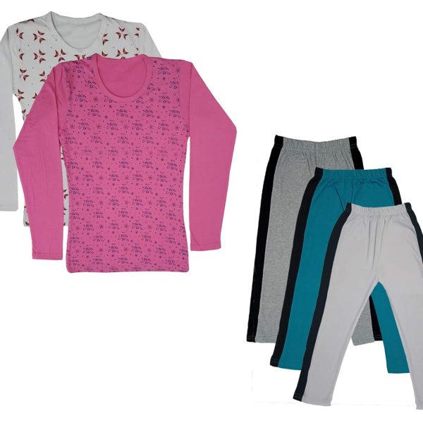 IndiWeaves Girls Cotton Full Sleeve Printed T-Shirts and Cotton Capri 3/4 Pants (Grey,Green,White,White,Pink,15-16 Years) Pack of 5