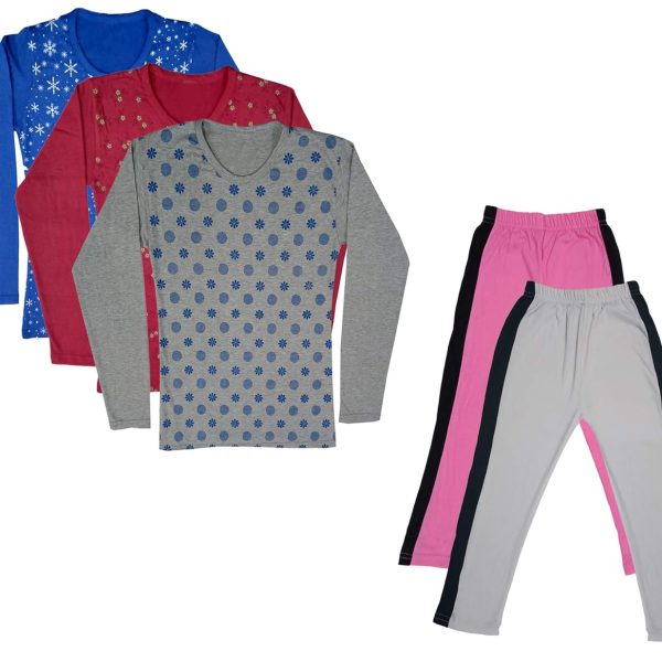IndiWeaves Girls Cotton Full Sleeve Printed T-Shirts and Cotton Capri 3/4 Pants(Pink,White,Blue,Maroon,Grey,17-18Years) Pack of 5