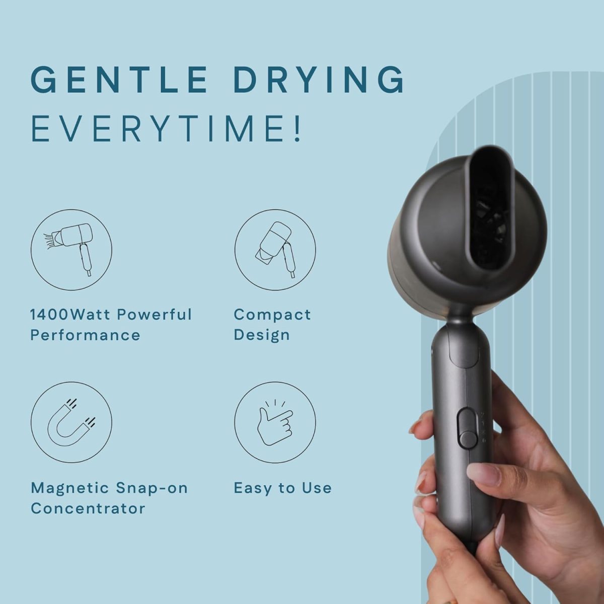 WINSTON Ionic Foldable Hair Dryer - 1400W | Compact, Foldable, and Damage-Free Drying Blow Dryer with Low Noise & Overheat Protection - 1 Year Warranty (Grey) - Image 3