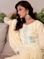 Sanisa Women's Cotton Jacquard Work Straight Kurta with Pant and Dupatta Set - Image 4