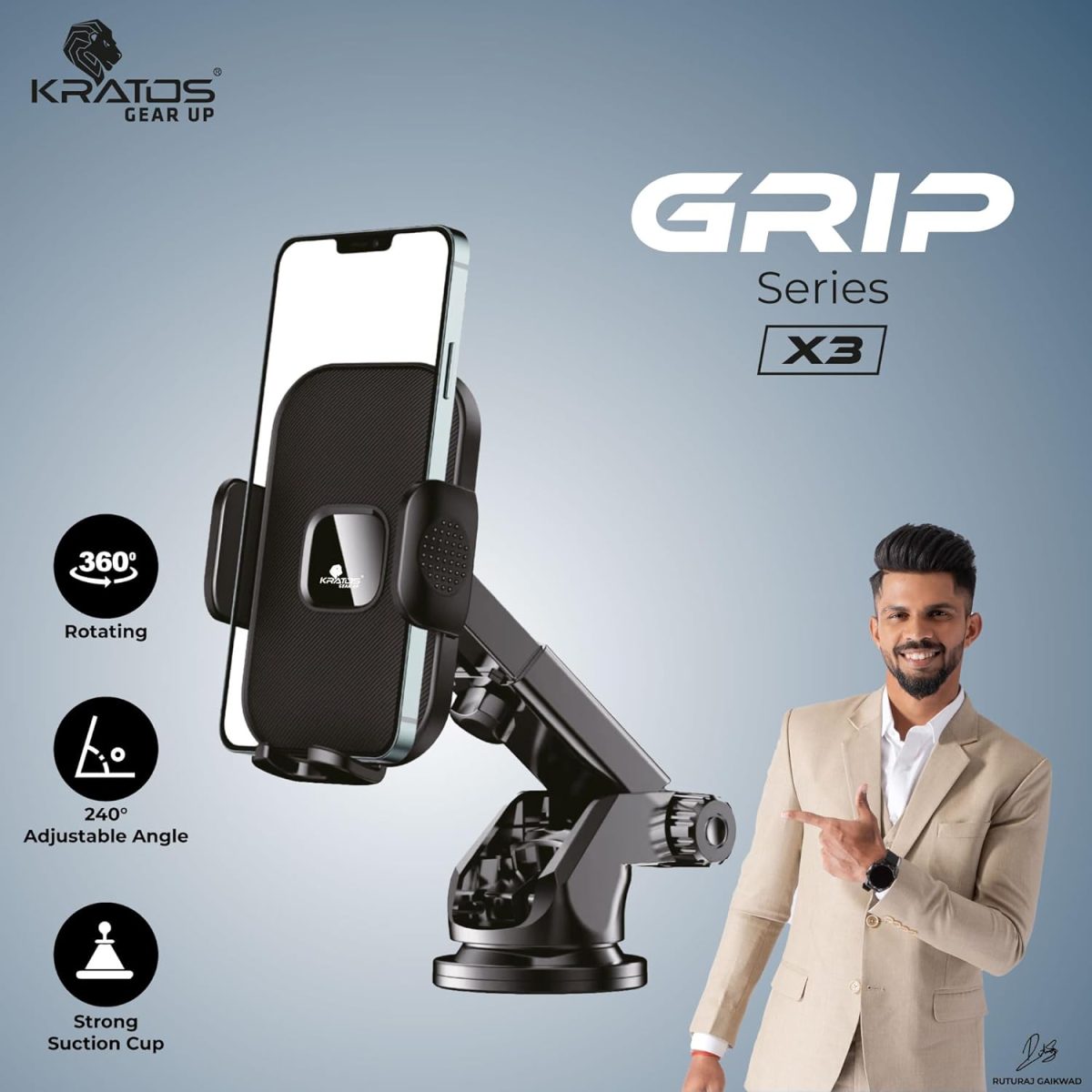Kratos Grip X3 Premium Mobile Holder for Car with Back Button Unlocking Mechanism, Strong Suction Cup, 360° Rotatable,Car Mobile Holder for Wildshield and Dashboard, Compatible with 4 to 7" Smartphone - Image 5