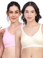 RACOS Women's Cotton Non-Padded Wire Free Full Coverage Double Layered Broad Strap Heavy Bust Multi Color Everyday T-Shirt Bra Combo Pack of 2