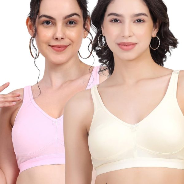 RACOS Women's Cotton Non-Padded Wire Free Full Coverage Double Layered Broad Strap Heavy Bust Multi Color Everyday T-Shirt Bra Combo Pack of 2
